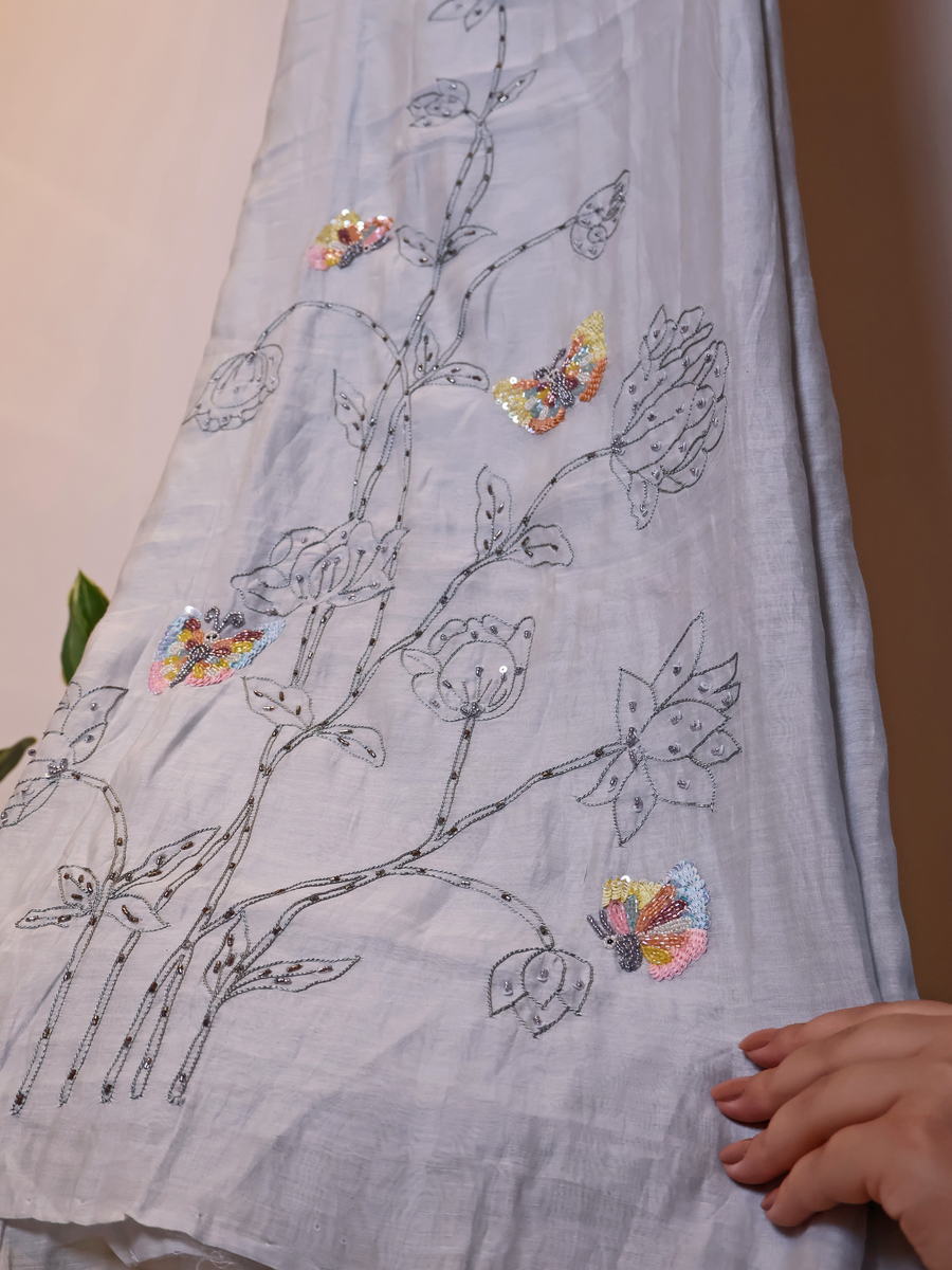 Mul Chanderi Butterfly Motif Unstitched Suit with Cutdana & Sequin Work - Ice Grey