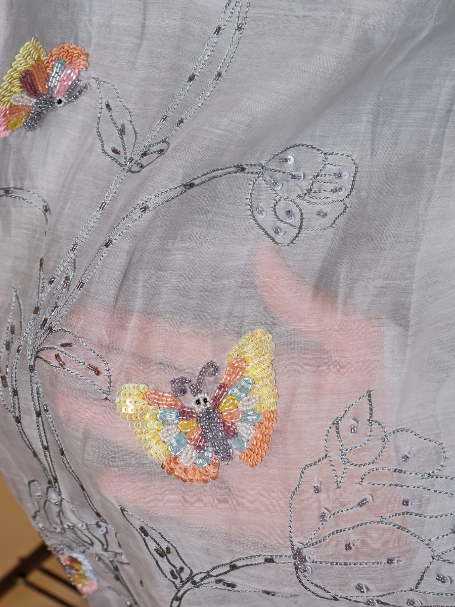 Mul Chanderi Butterfly Motif Unstitched Suit with Cutdana & Sequin Work - Ice Grey