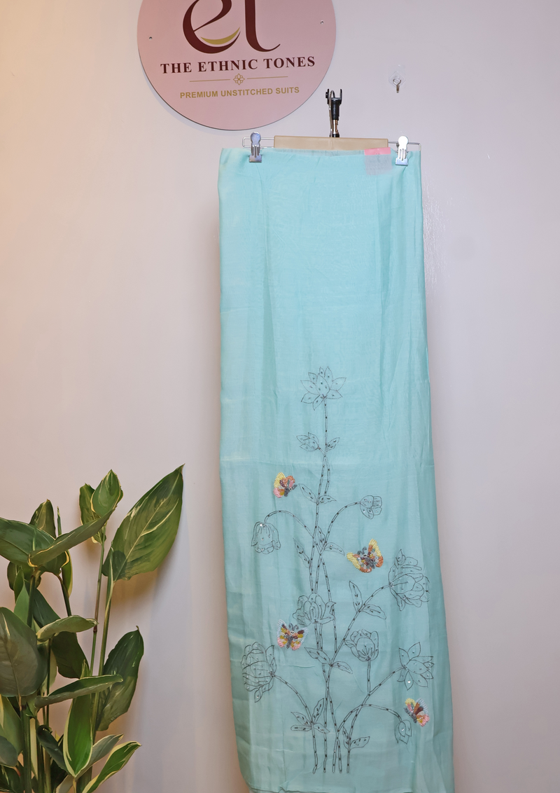 Mul Chanderi Butterfly Motif Unstitched Suit with Cutdana & Sequin Work - Powder Blue
