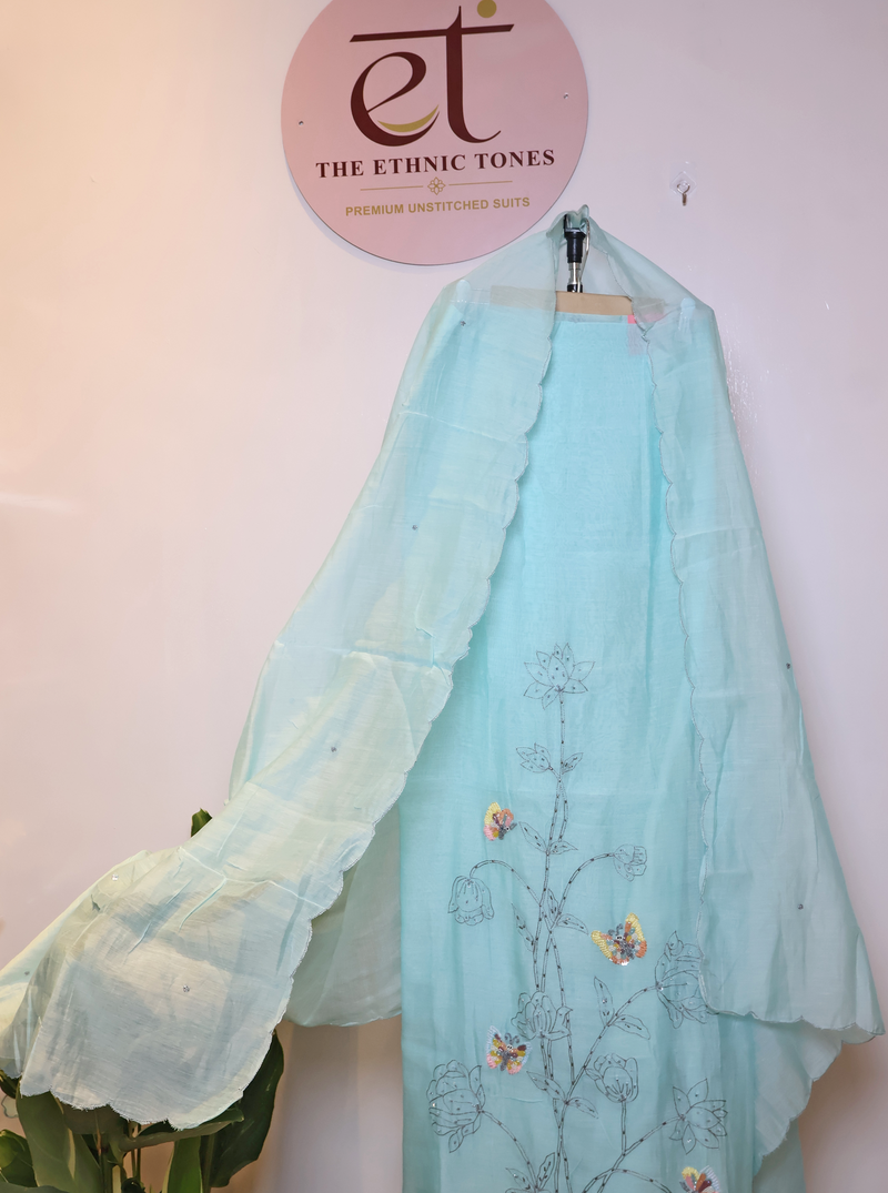 Mul Chanderi Butterfly Motif Unstitched Suit with Cutdana & Sequin Work - Powder Blue