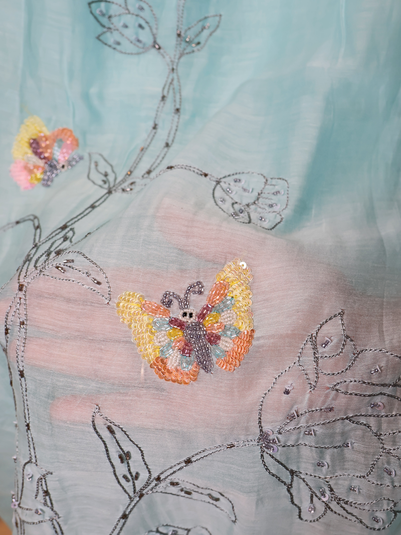 Mul Chanderi Butterfly Motif Unstitched Suit with Cutdana & Sequin Work - Powder Blue