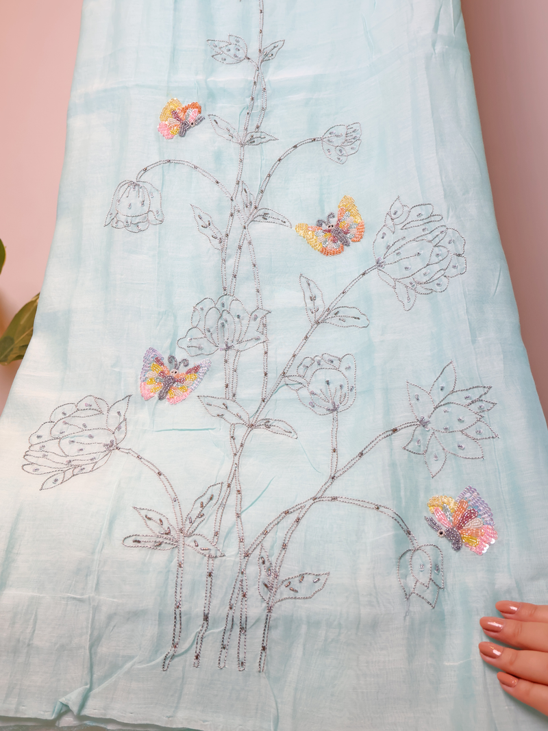 Mul Chanderi Butterfly Motif Unstitched Suit with Cutdana & Sequin Work - Powder Blue