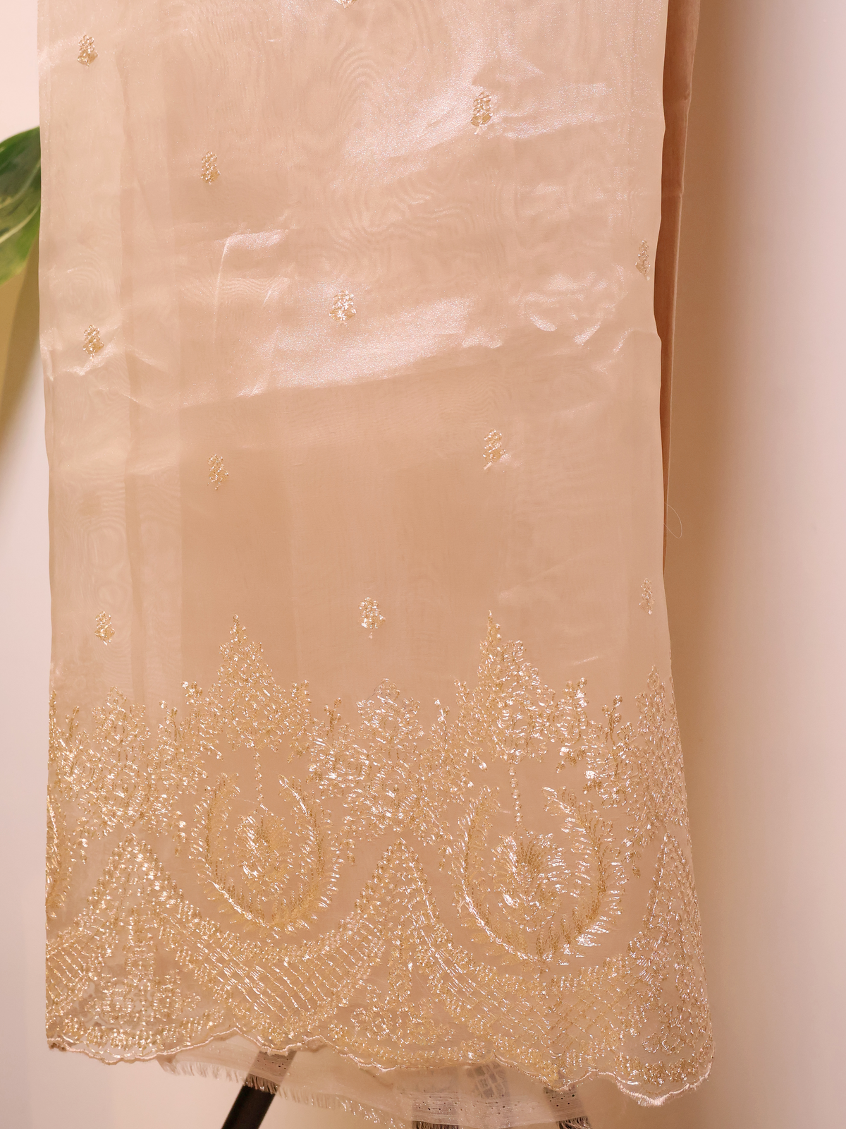 Champagne Tissue Unstitched Suit with Gold Zari Embroidery