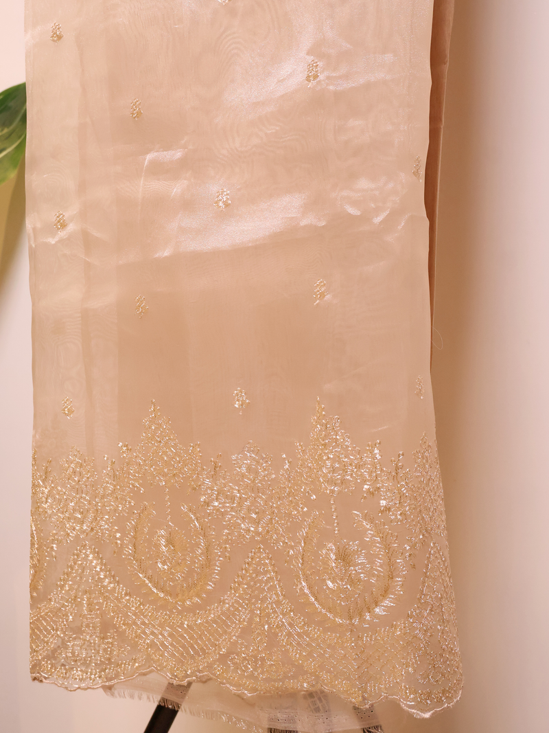 Champagne Tissue Unstitched Suit with Gold Zari Embroidery