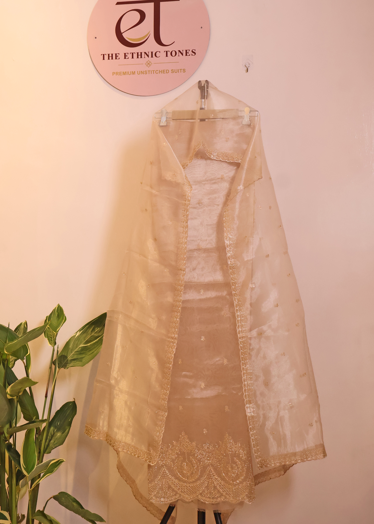 Champagne Tissue Unstitched Suit with Gold Zari Embroidery