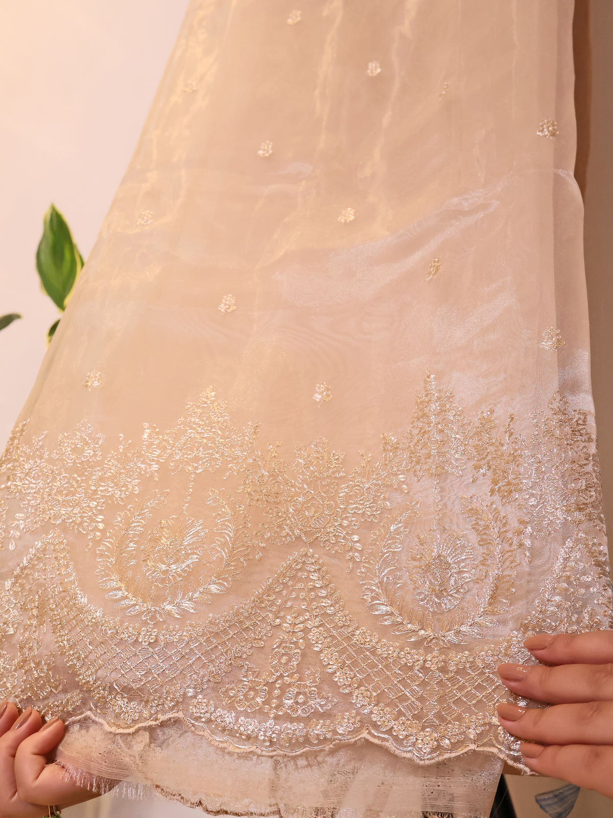 Champagne Tissue Unstitched Suit with Gold Zari Embroidery