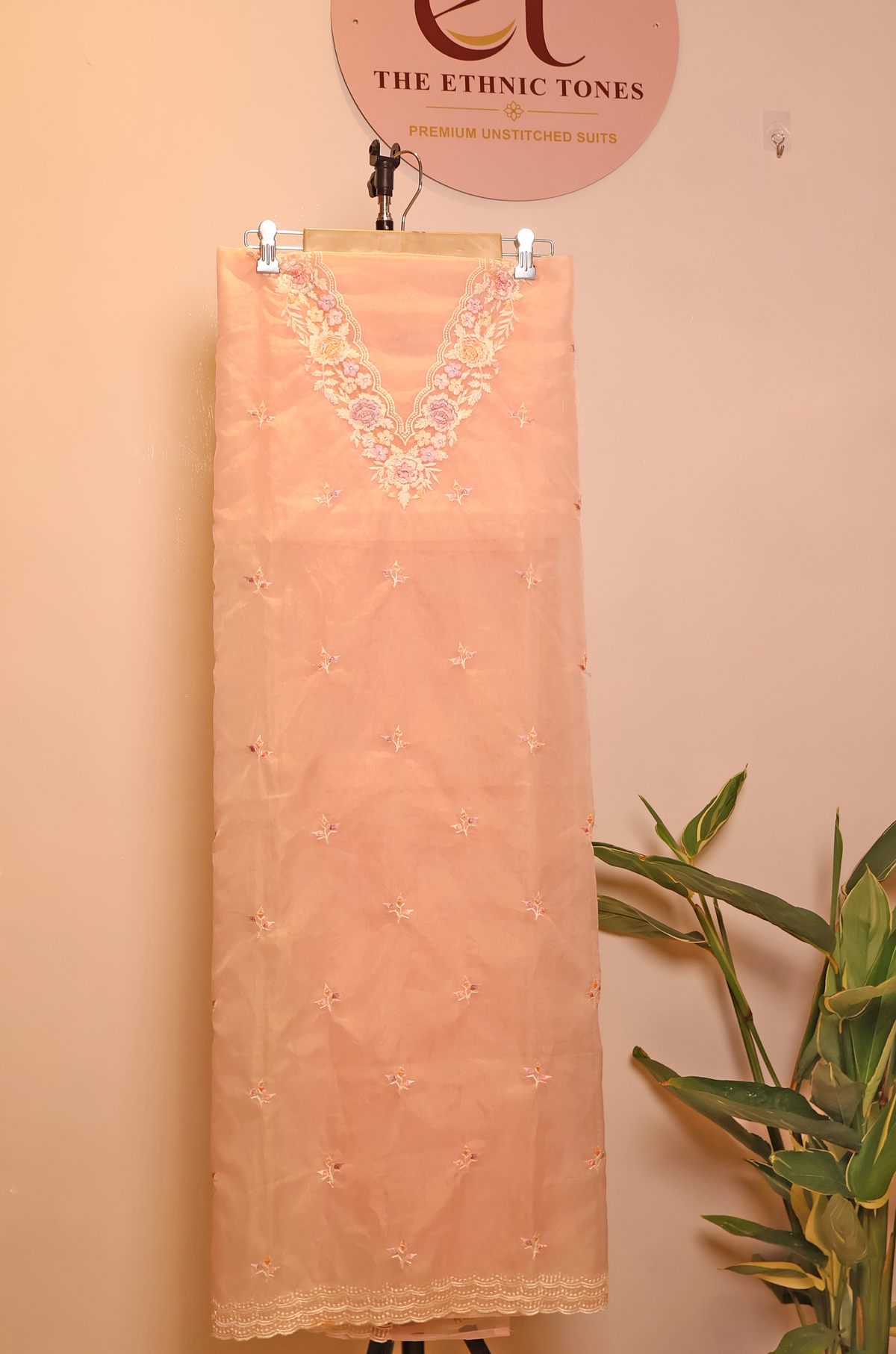 Blush Pink Organza Unstitched Suit with Parsi Floral Neckline & Tall Thread Meena Work
