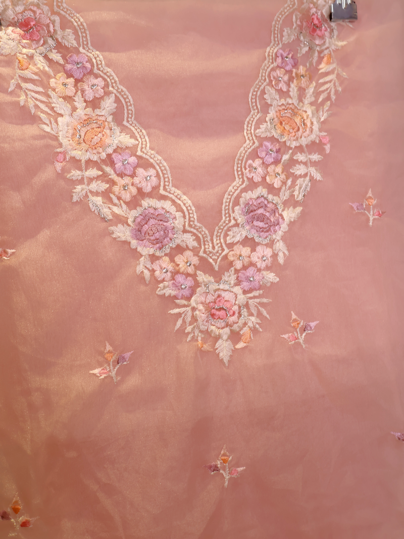 Blush Pink Organza Unstitched Suit with Parsi Floral Neckline & Tall Thread Meena Work