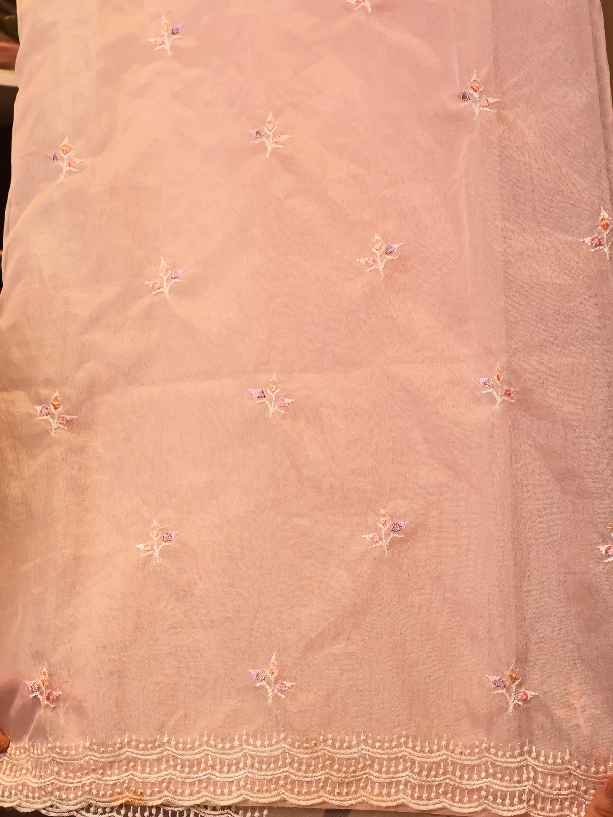 Blush Pink Organza Unstitched Suit with Parsi Floral Neckline & Tall Thread Meena Work
