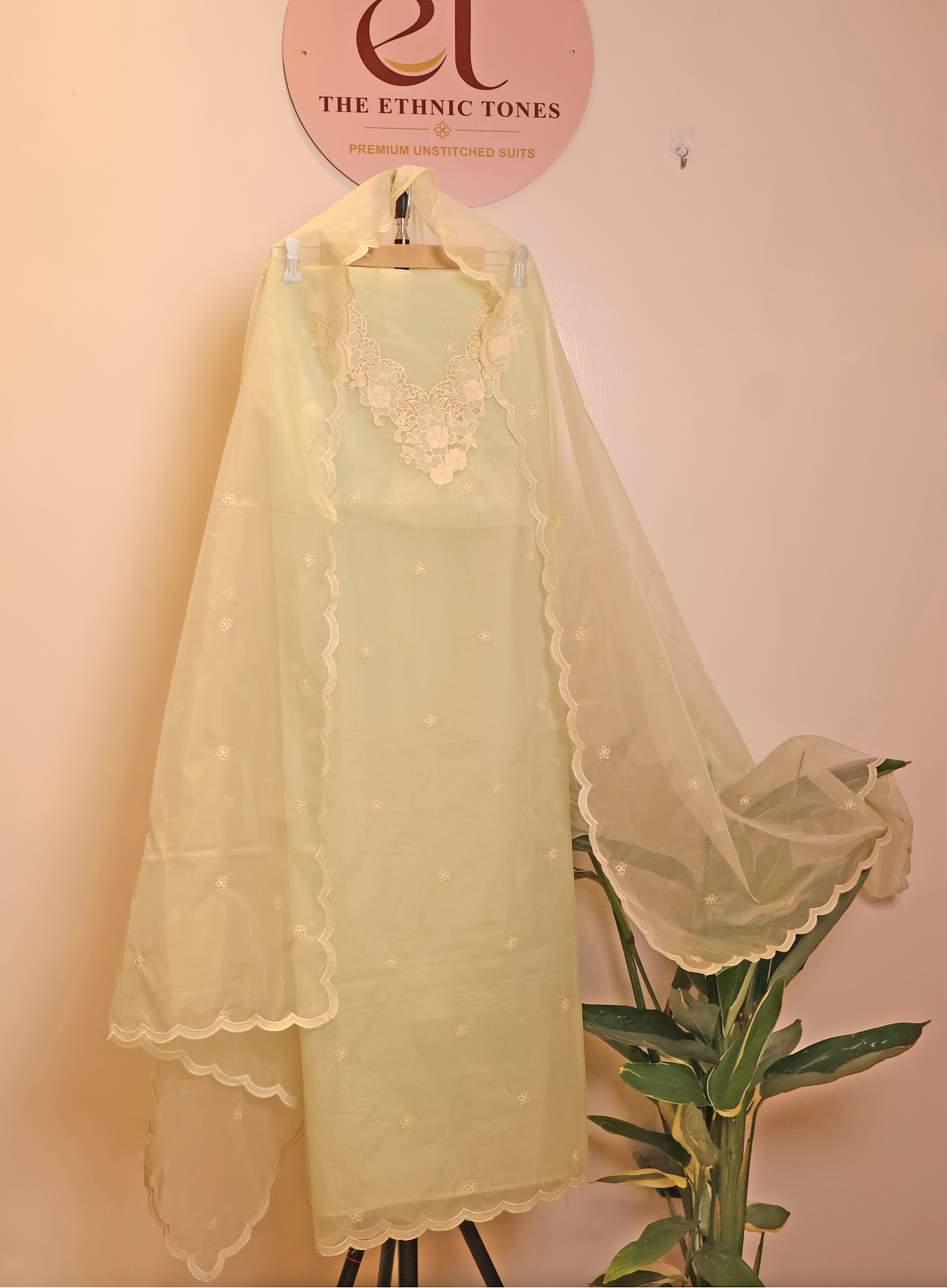 Sage Green Organza Unstitched Suit with Floral Neckline Embroidery & Buti Work