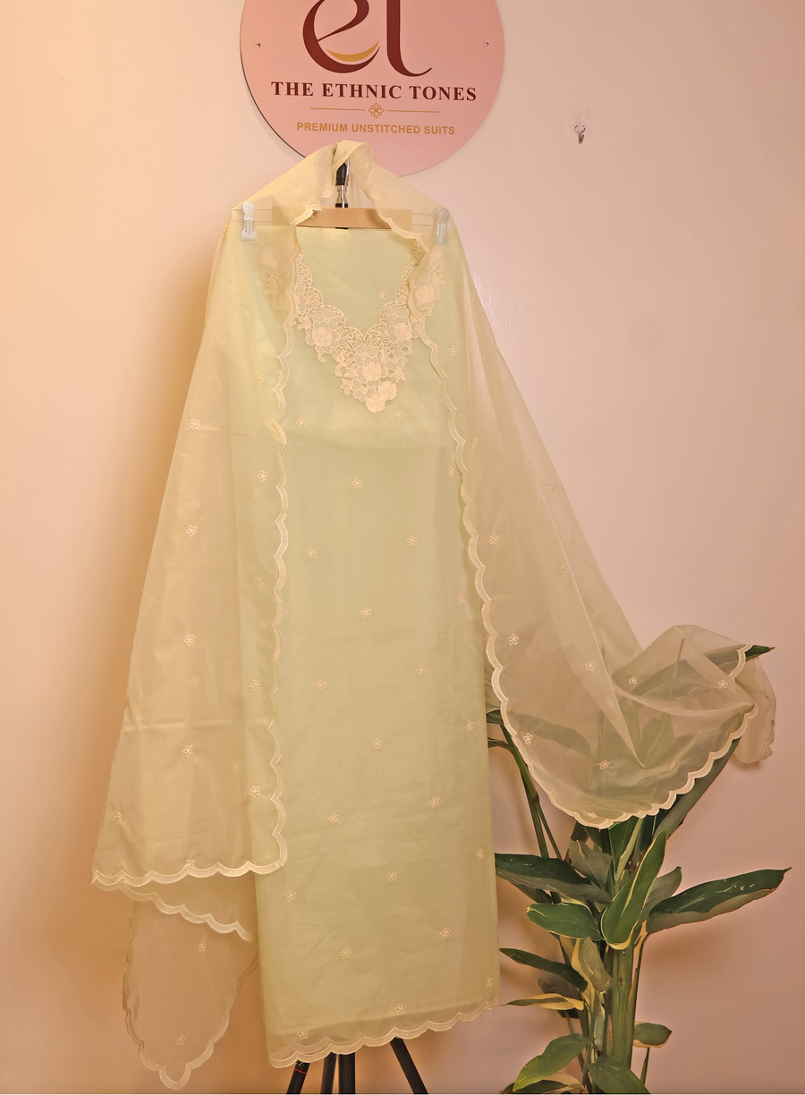 Sage Green Organza Unstitched Suit with Floral Neckline Embroidery & Buti Work