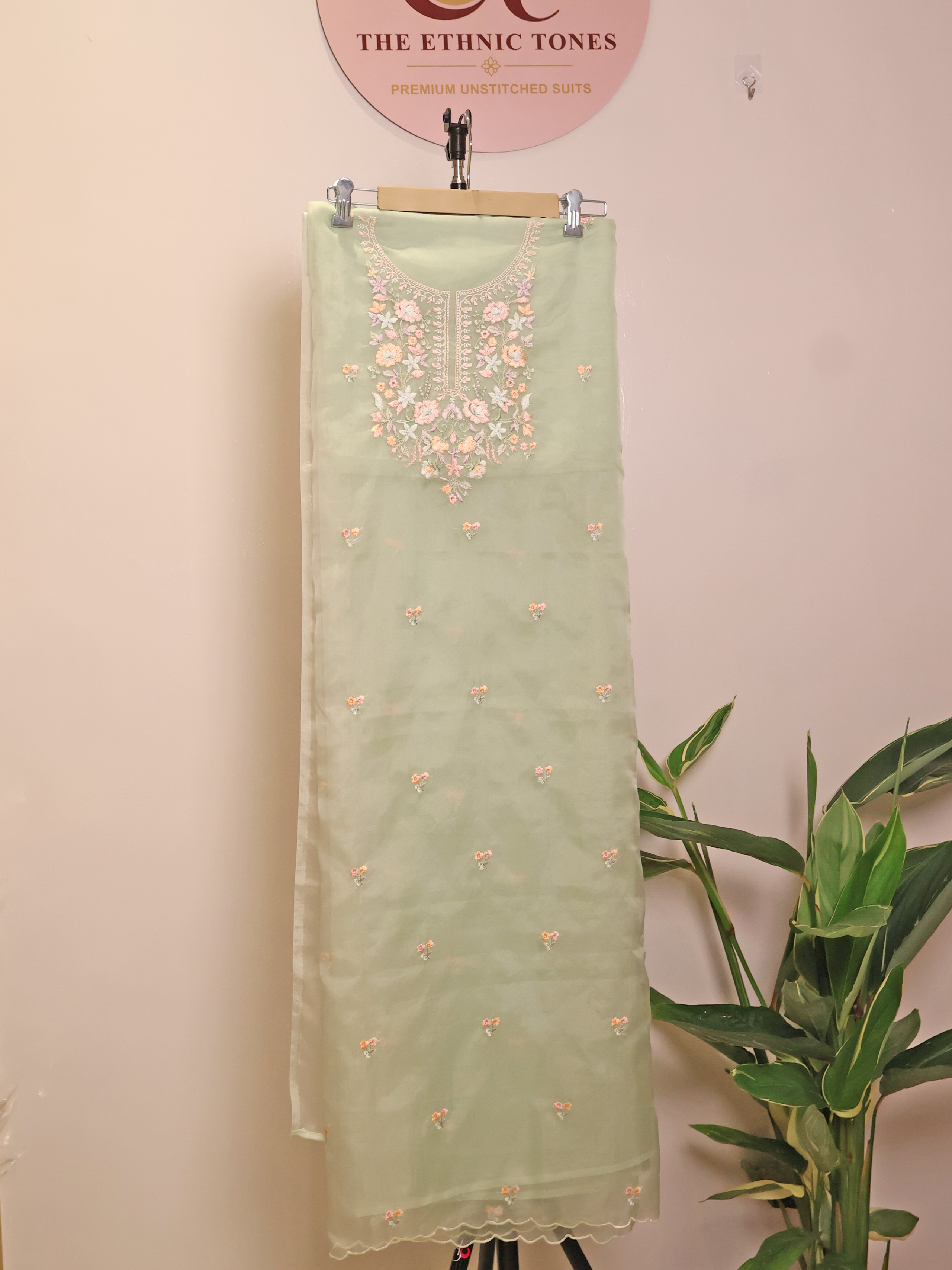 Mint Green Organza Unstitched Suit with Multi-Colour Floral Yoke Embroidery