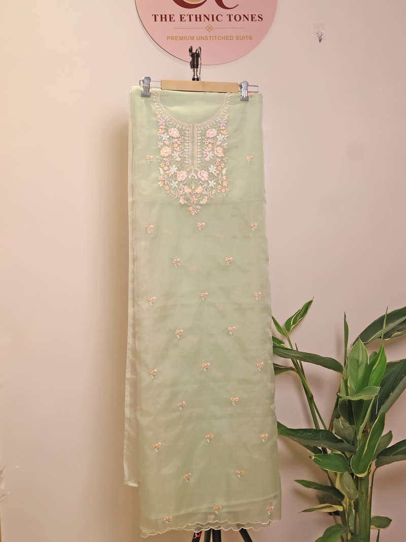 Mint Green Organza Unstitched Suit with Multi-Colour Floral Yoke Embroidery