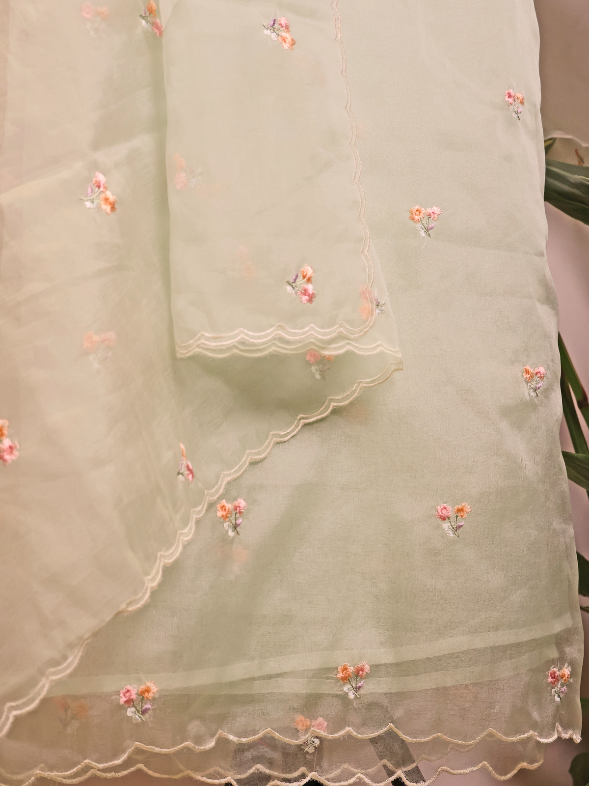 Mint Green Organza Unstitched Suit with Multi-Colour Floral Yoke Embroidery