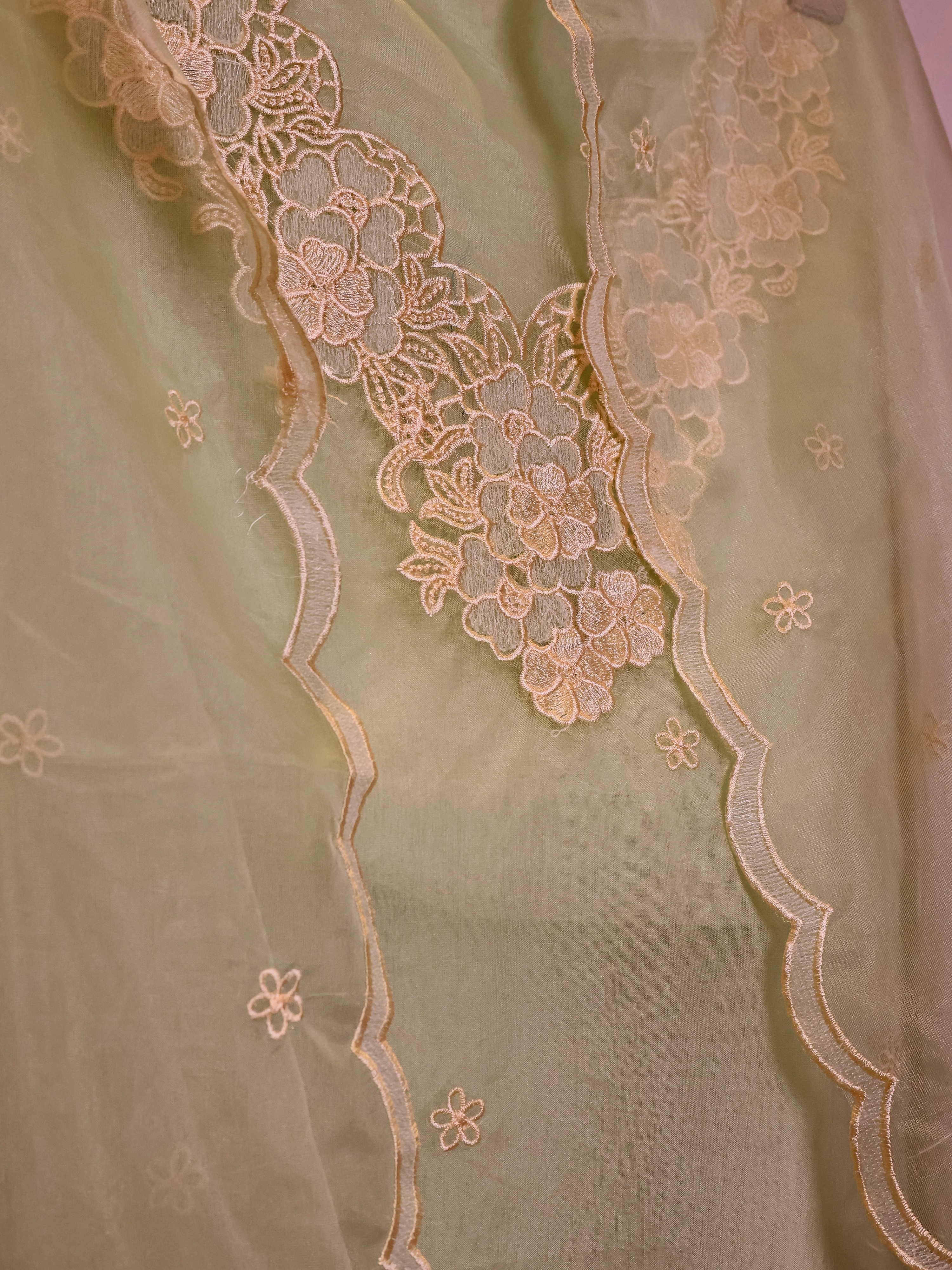 Sage Green Organza Unstitched Suit with Floral Neckline Embroidery & Buti Work