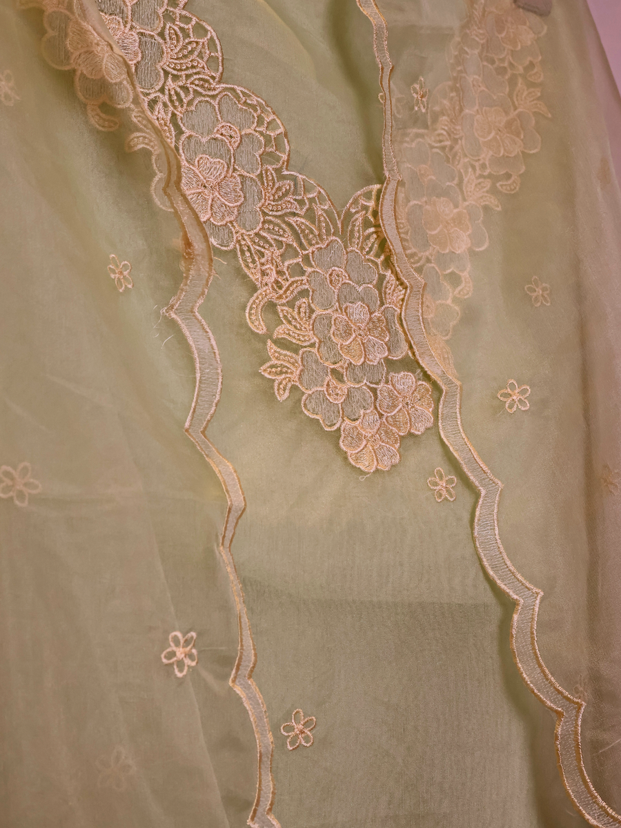 Sage Green Organza Unstitched Suit with Floral Neckline Embroidery & Buti Work