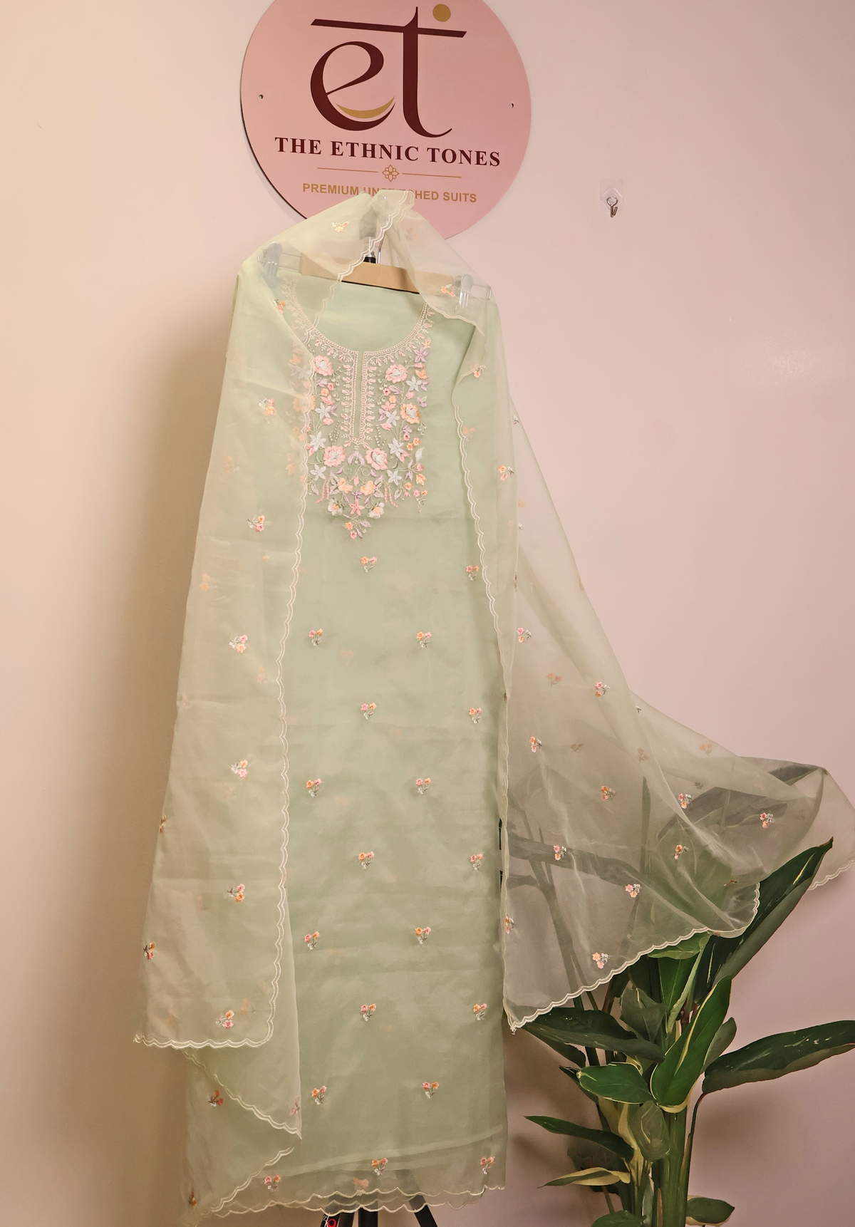 Mint Green Organza Unstitched Suit with Multi-Colour Floral Yoke Embroidery