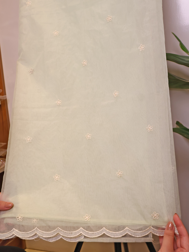 Sage Green Organza Unstitched Suit with Floral Neckline Embroidery & Buti Work