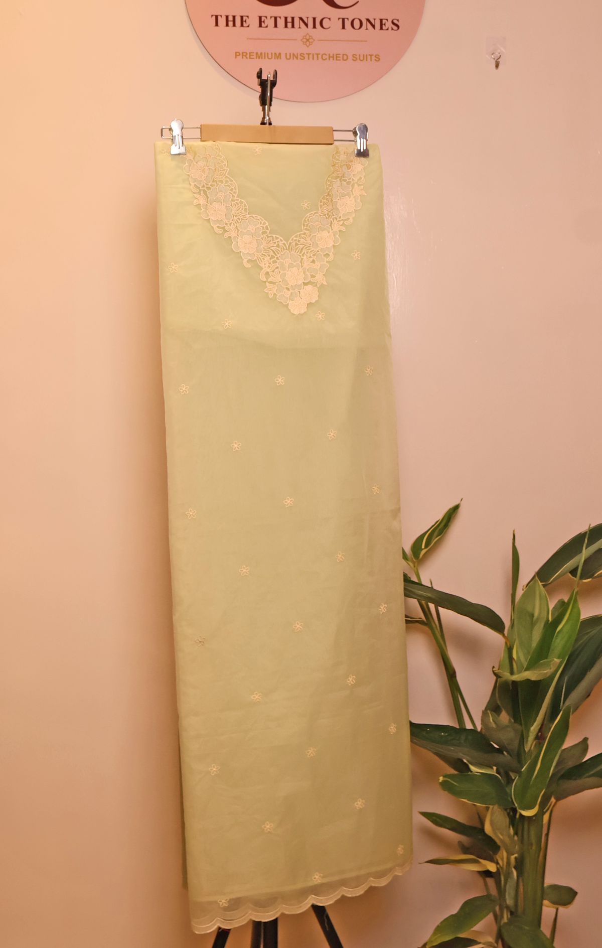 Sage Green Organza Unstitched Suit with Floral Neckline Embroidery & Buti Work