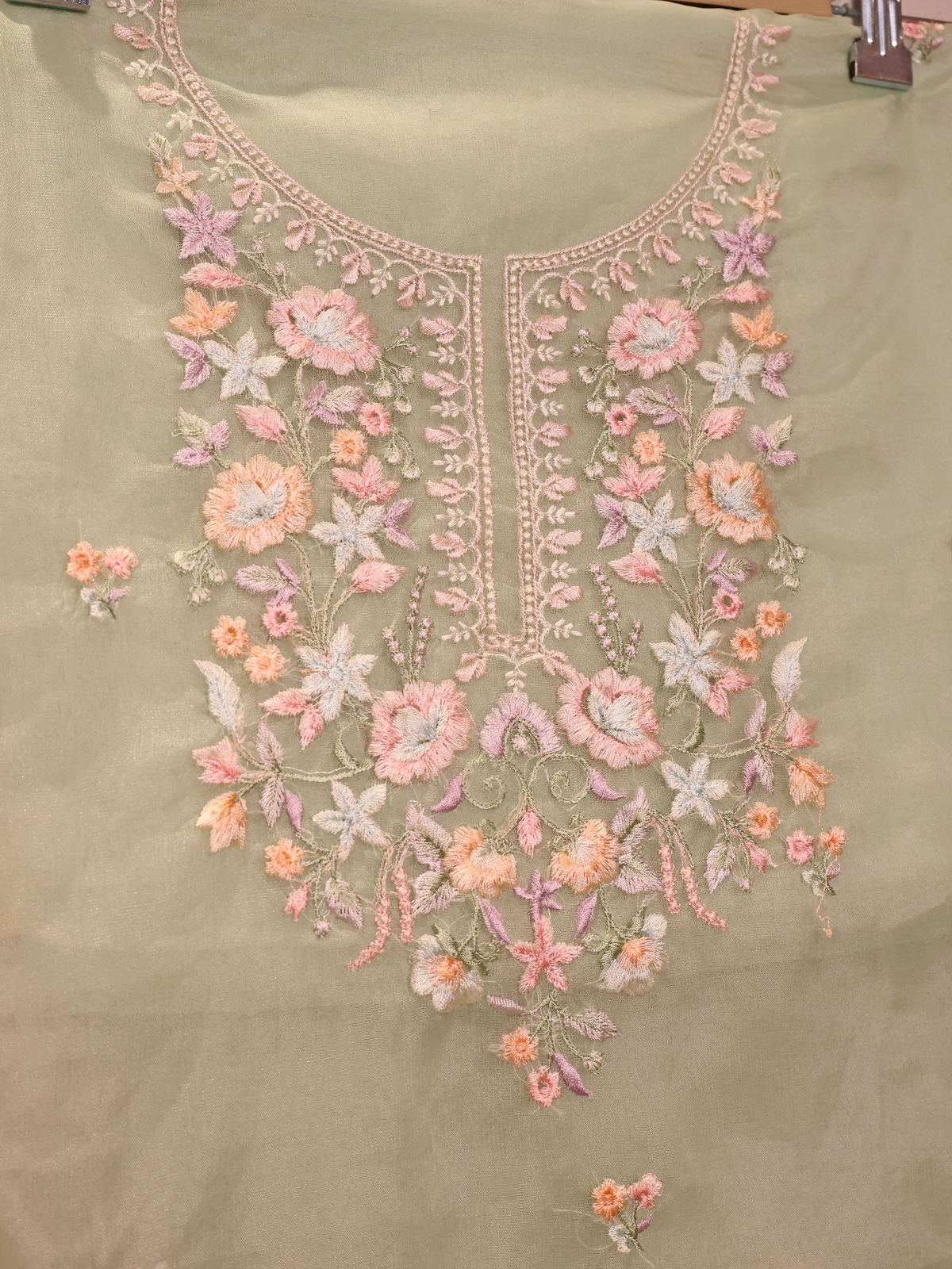 Mint Green Organza Unstitched Suit with Multi-Colour Floral Yoke Embroidery