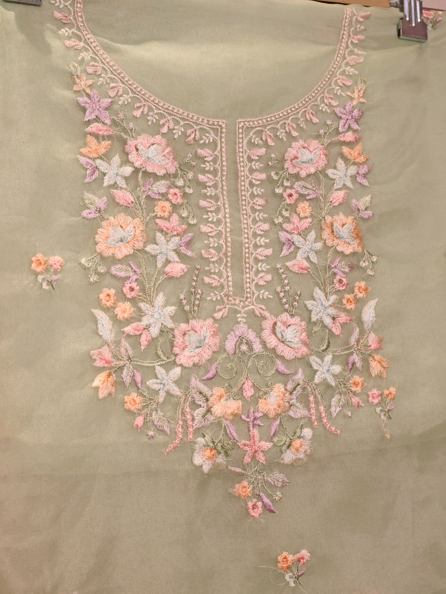 Mint Green Organza Unstitched Suit with Multi-Colour Floral Yoke Embroidery