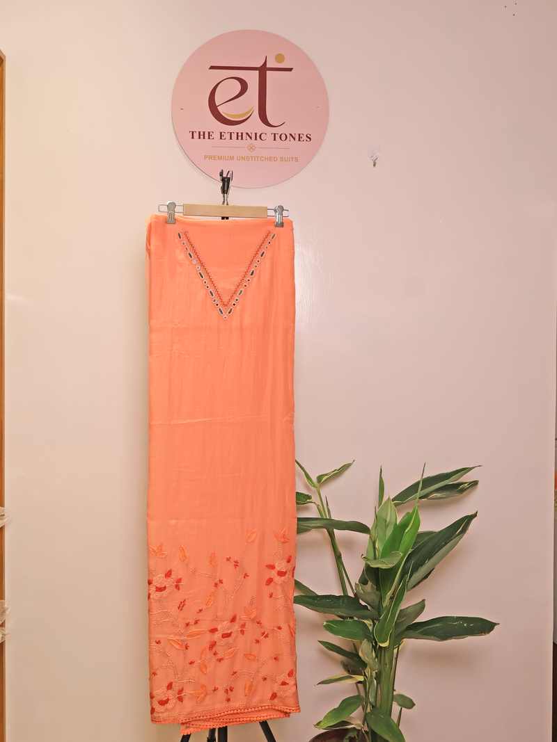 Pure Mul Chanderi Unstitched Suit with Hand Kantha Work - Peach