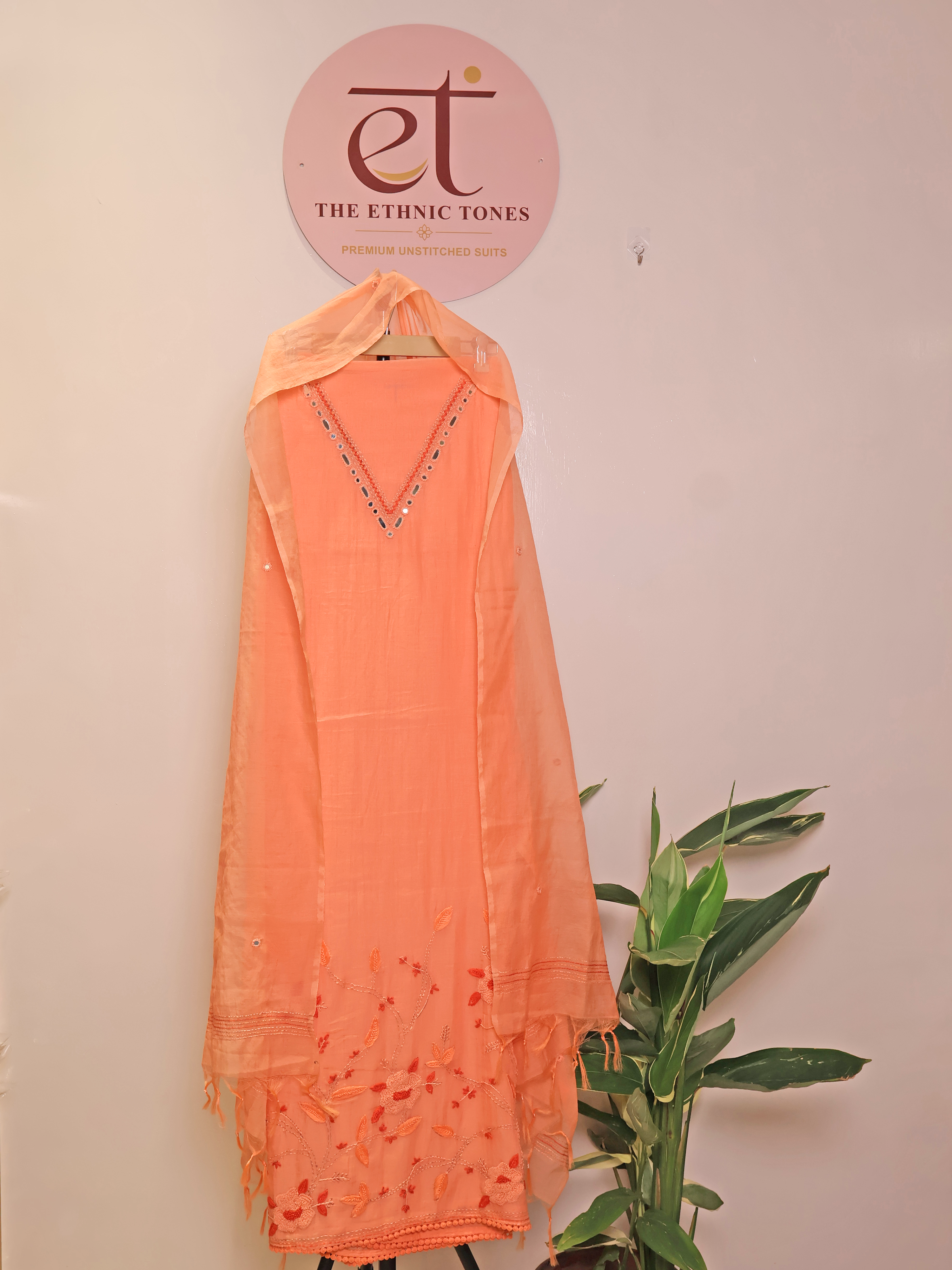 Pure Mul Chanderi Unstitched Suit with Hand Kantha Work - Peach