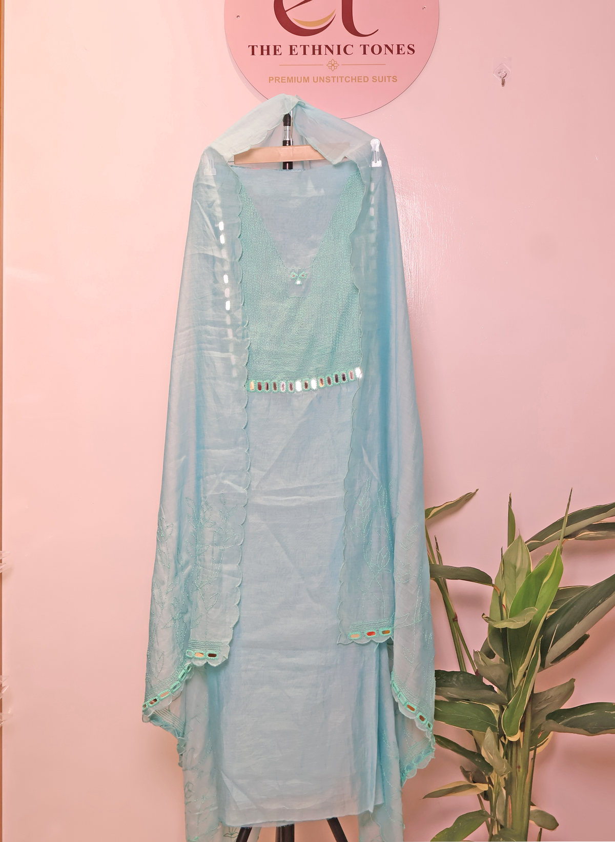 Powder Blue Mul Chanderi Unstitched Suit with Kantha Hand Embroidery & Mirror Work