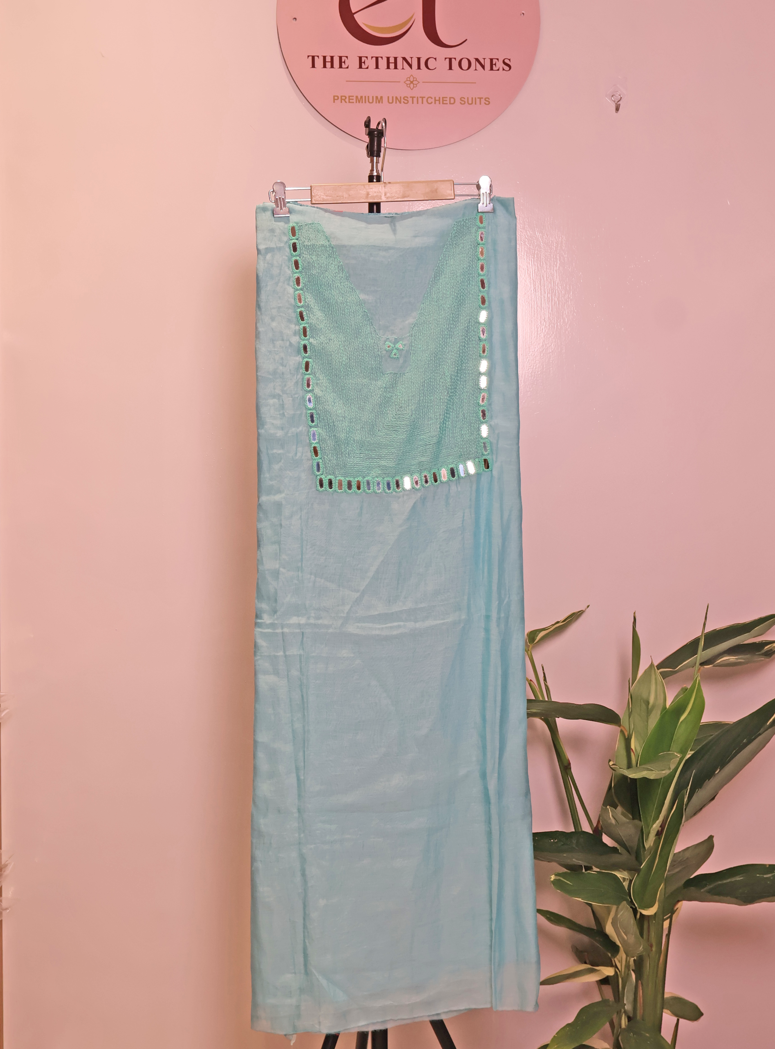 Powder Blue Mul Chanderi Unstitched Suit with Kantha Hand Embroidery & Mirror Work