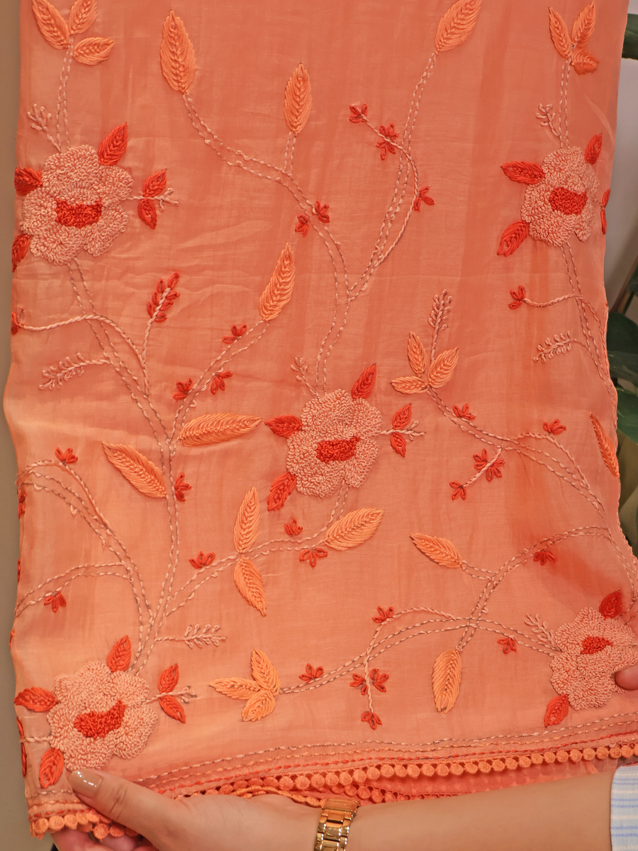 Pure Mul Chanderi Unstitched Suit with Hand Kantha Work - Peach
