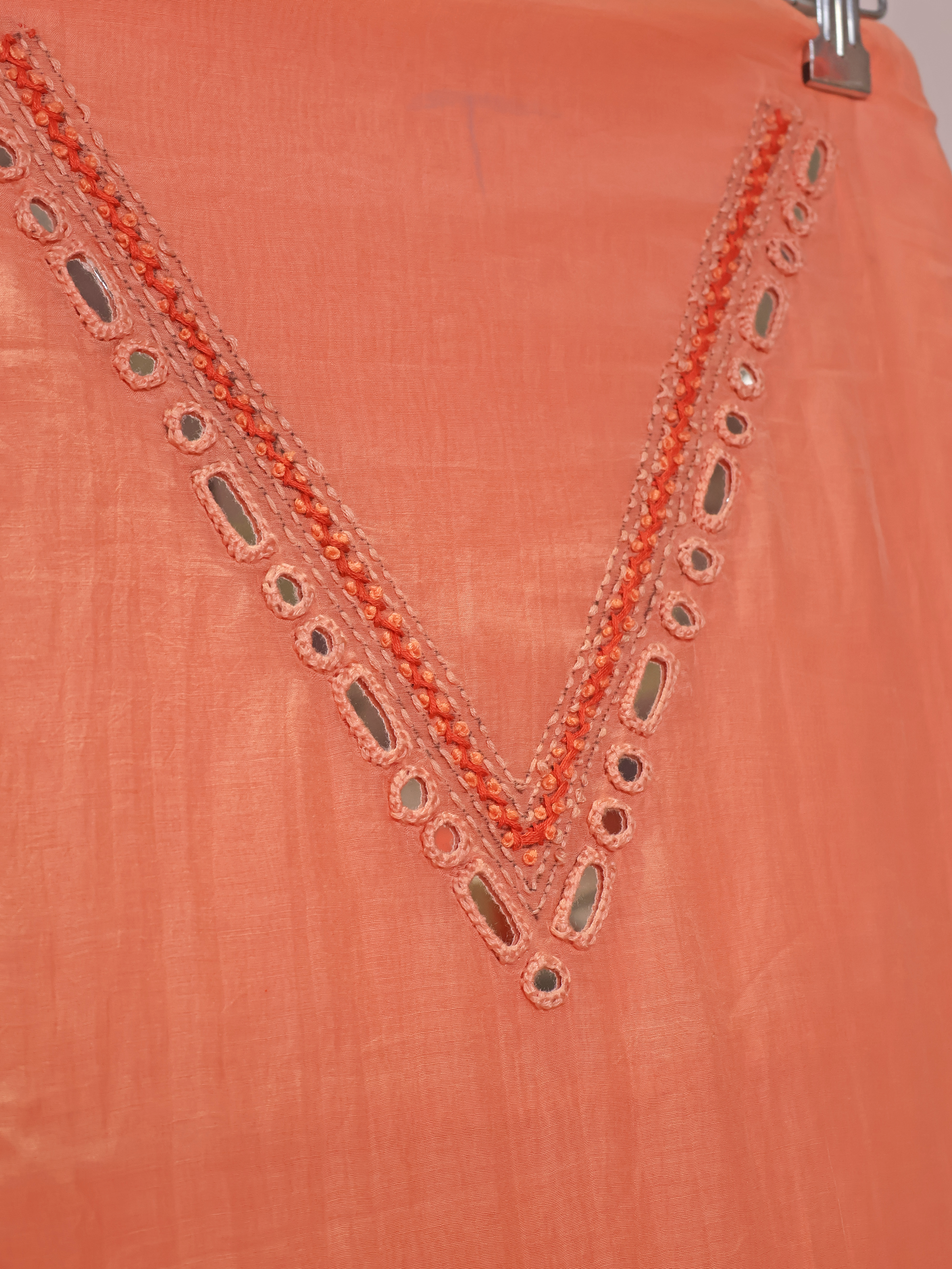 Pure Mul Chanderi Unstitched Suit with Hand Kantha Work - Peach