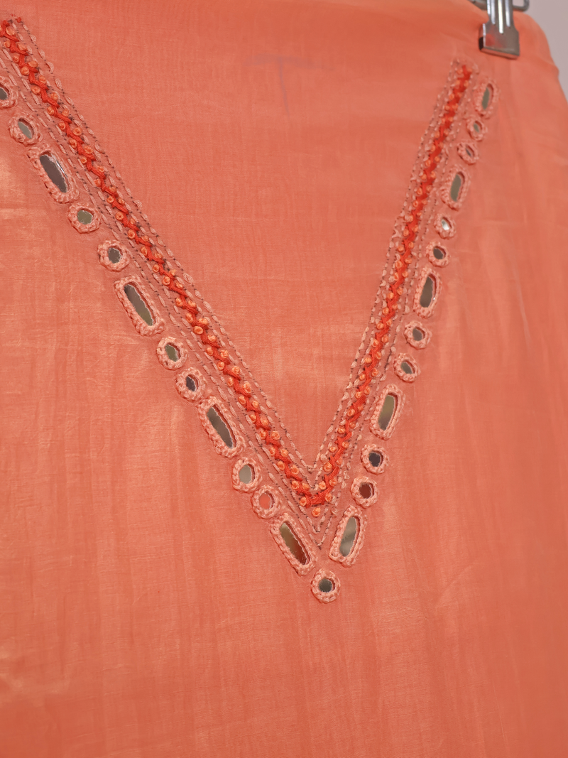 Pure Mul Chanderi Unstitched Suit with Hand Kantha Work - Peach