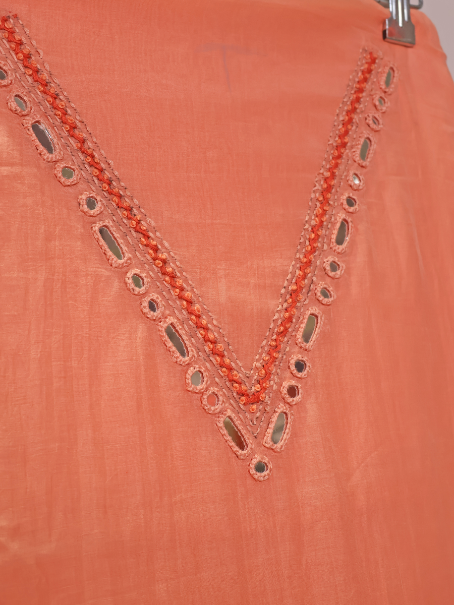 Pure Mul Chanderi Unstitched Suit with Hand Kantha Work - Peach