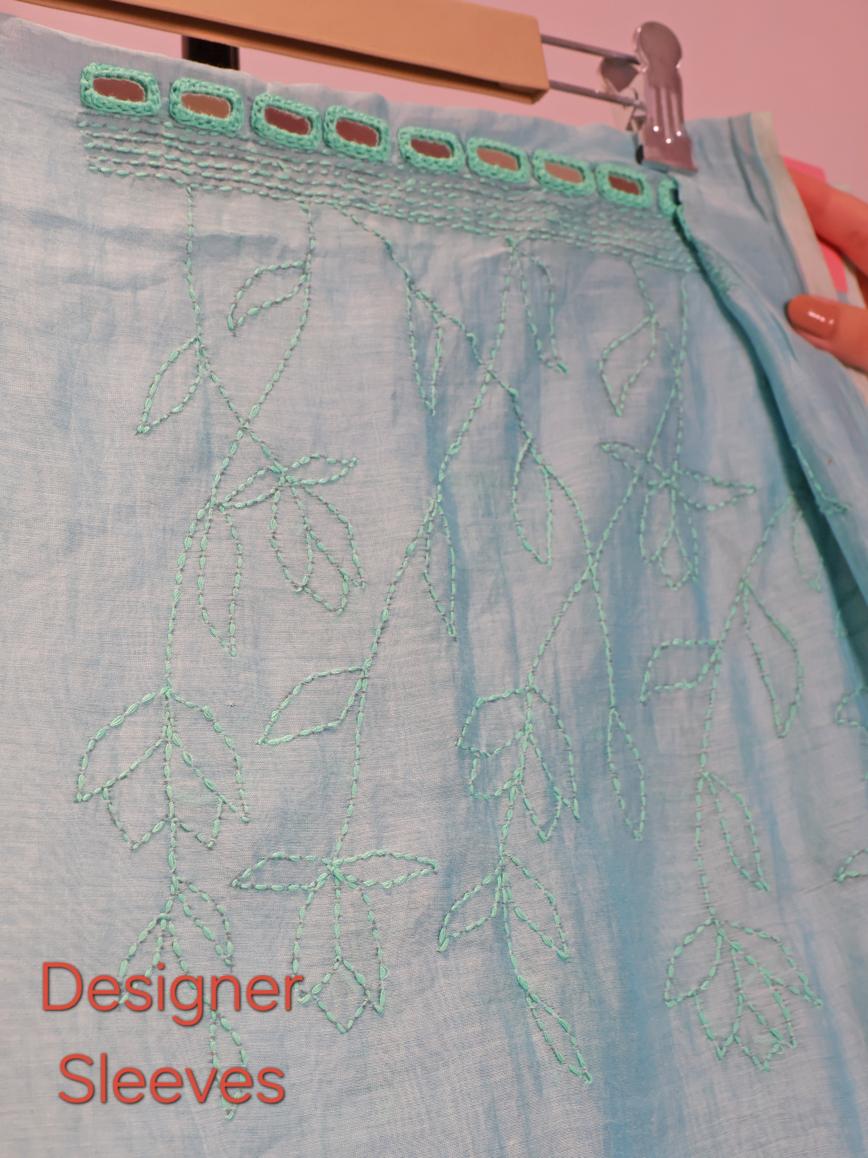 Powder Blue Mul Chanderi Unstitched Suit with Kantha Hand Embroidery & Mirror Work
