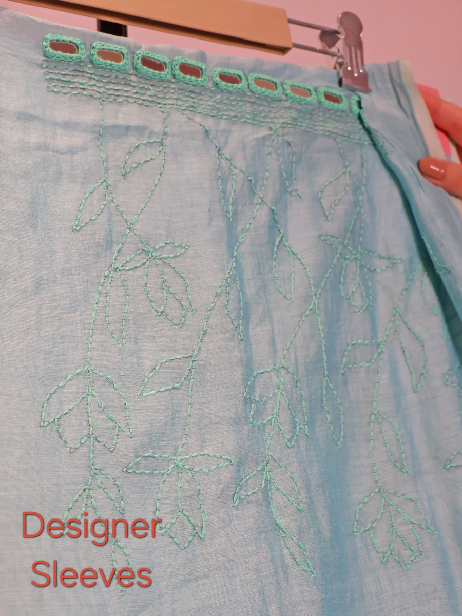 Powder Blue Mul Chanderi Unstitched Suit with Kantha Hand Embroidery & Mirror Work