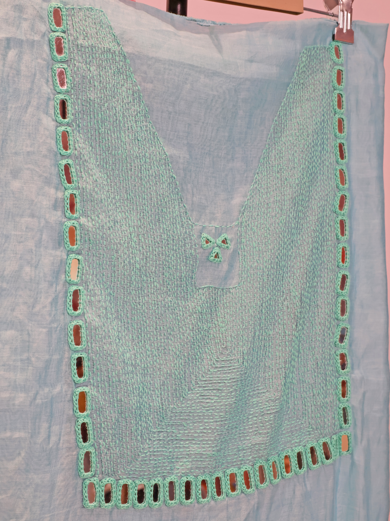 Powder Blue Mul Chanderi Unstitched Suit with Kantha Hand Embroidery & Mirror Work