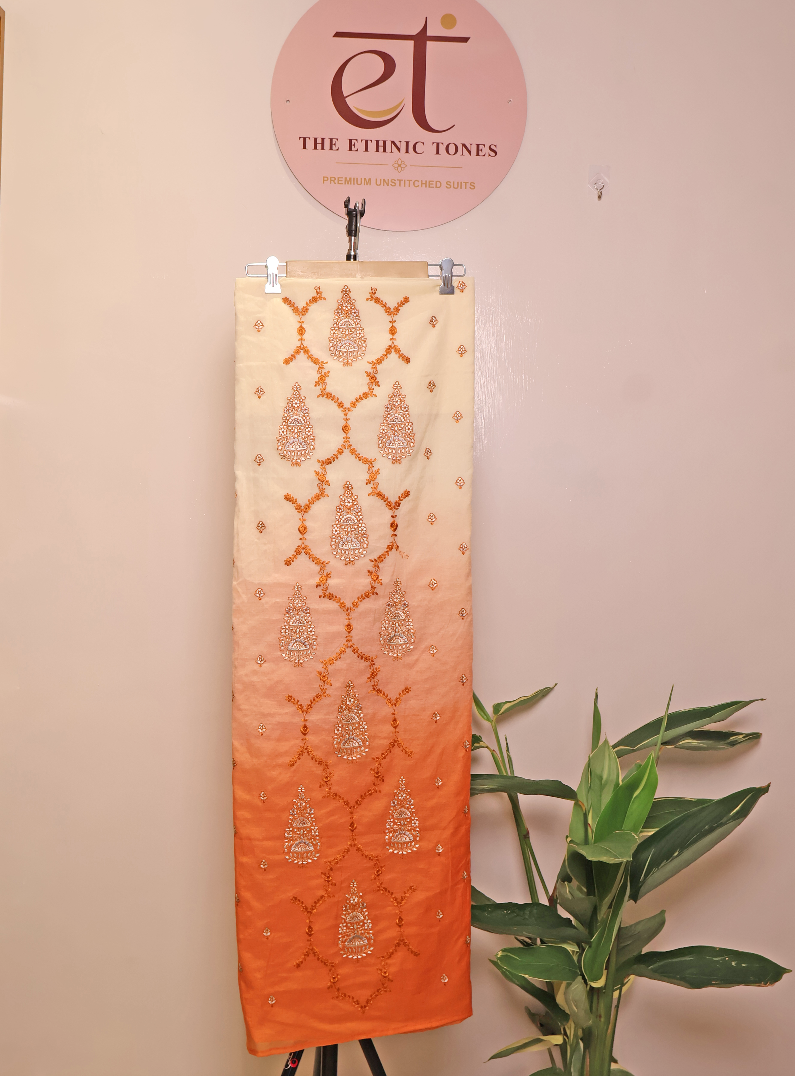 Orange Ombré Mul Chanderi Unstitched Suit with Resham & Mirror Embroidery