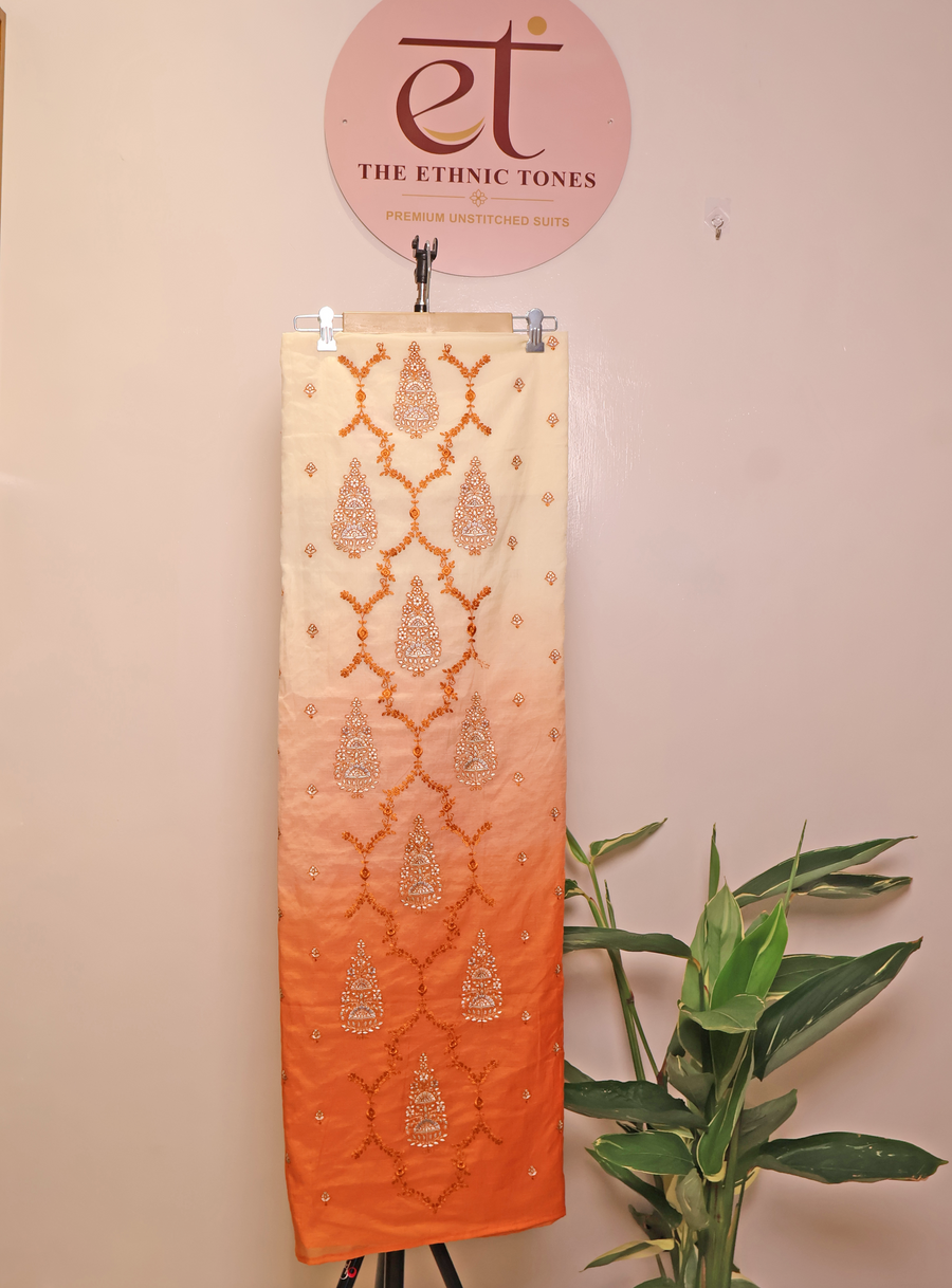 Orange Ombré Mul Chanderi Unstitched Suit with Resham & Mirror Embroidery