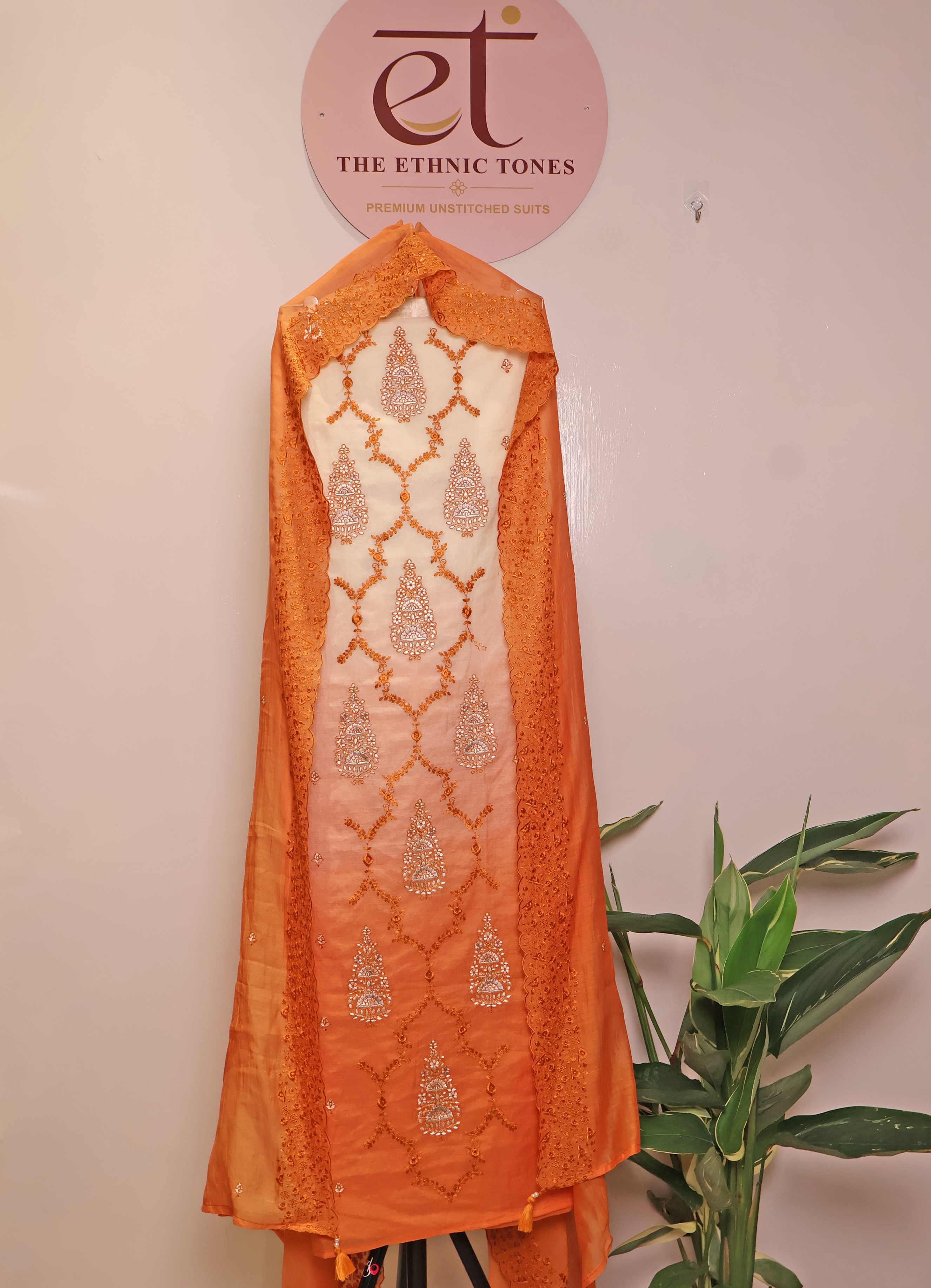 Orange Ombré Mul Chanderi Unstitched Suit with Resham & Mirror Embroidery