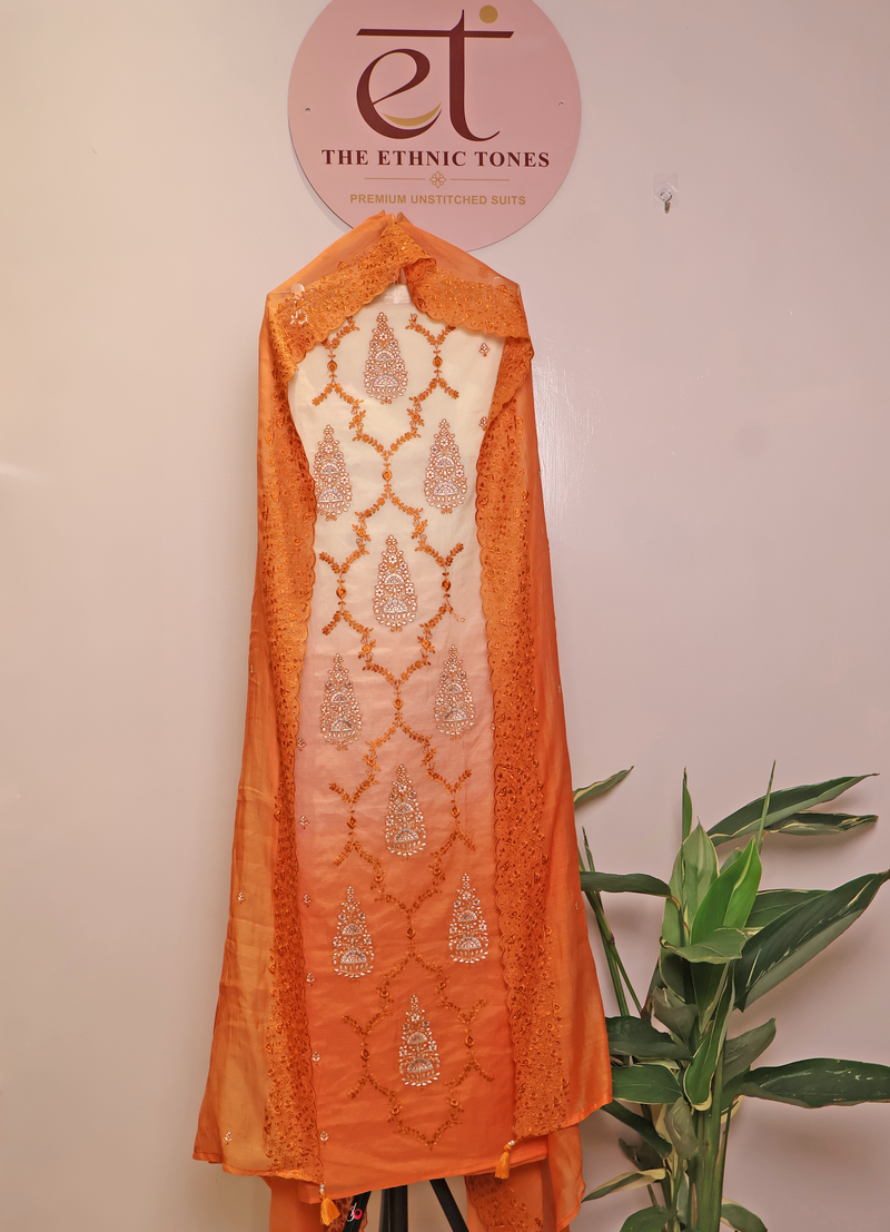 Orange Ombré Mul Chanderi Unstitched Suit with Resham & Mirror Embroidery