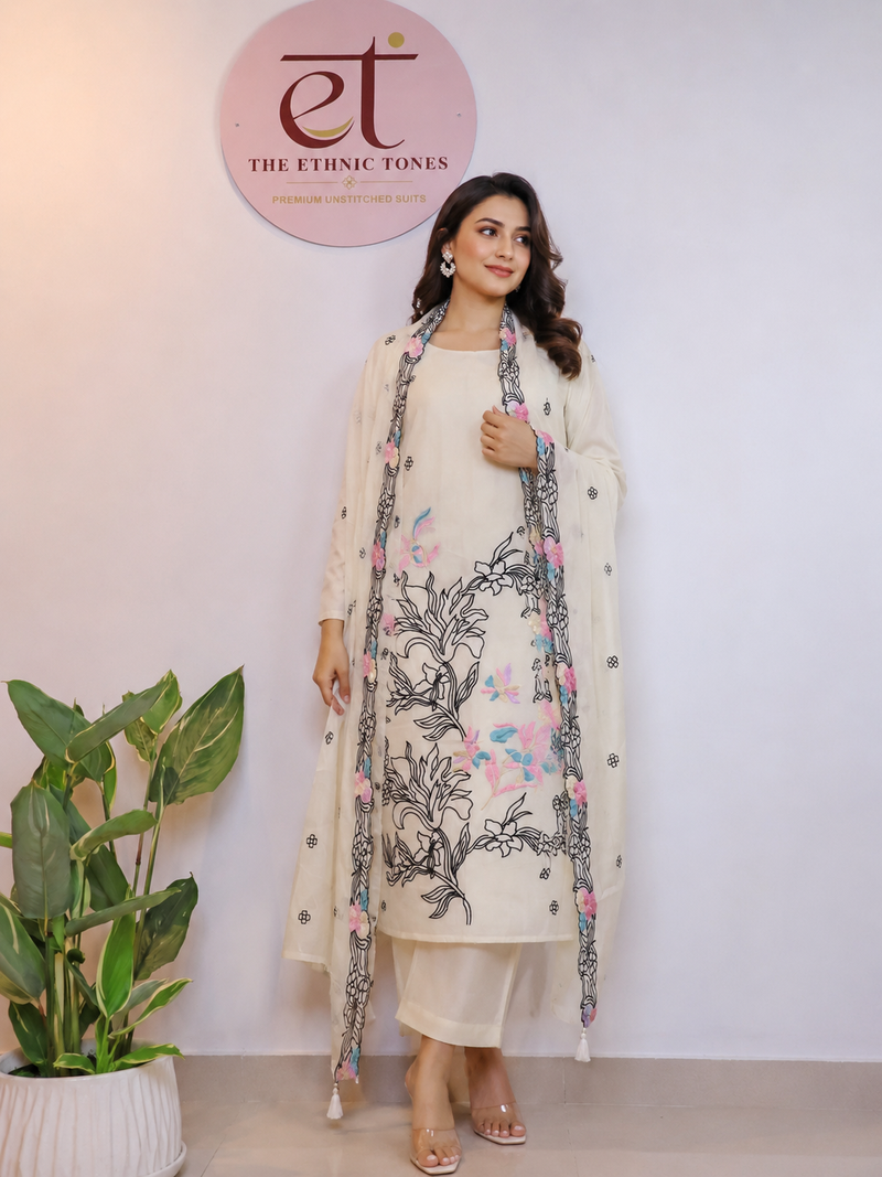 Mul Chanderi Unstitched Suit with Accent Floral Embroidery - White