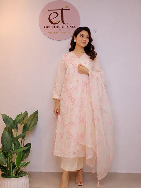 Ivory Mul Chanderi Unstitched Suit with All-Over Floral Embroidery - White