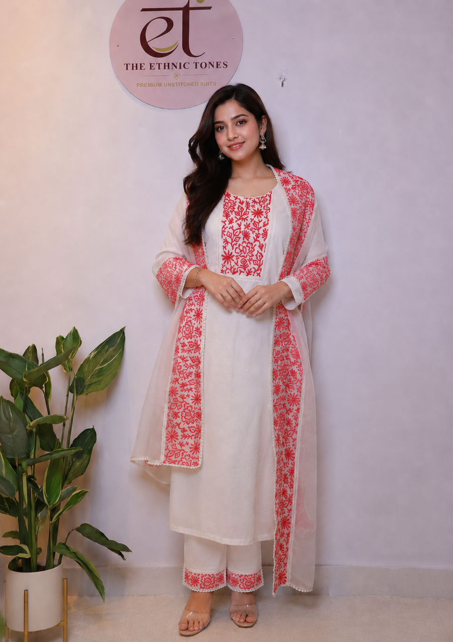 Ivory Silk Chanderi Unstitched Suit with Resham Thread Embroidery