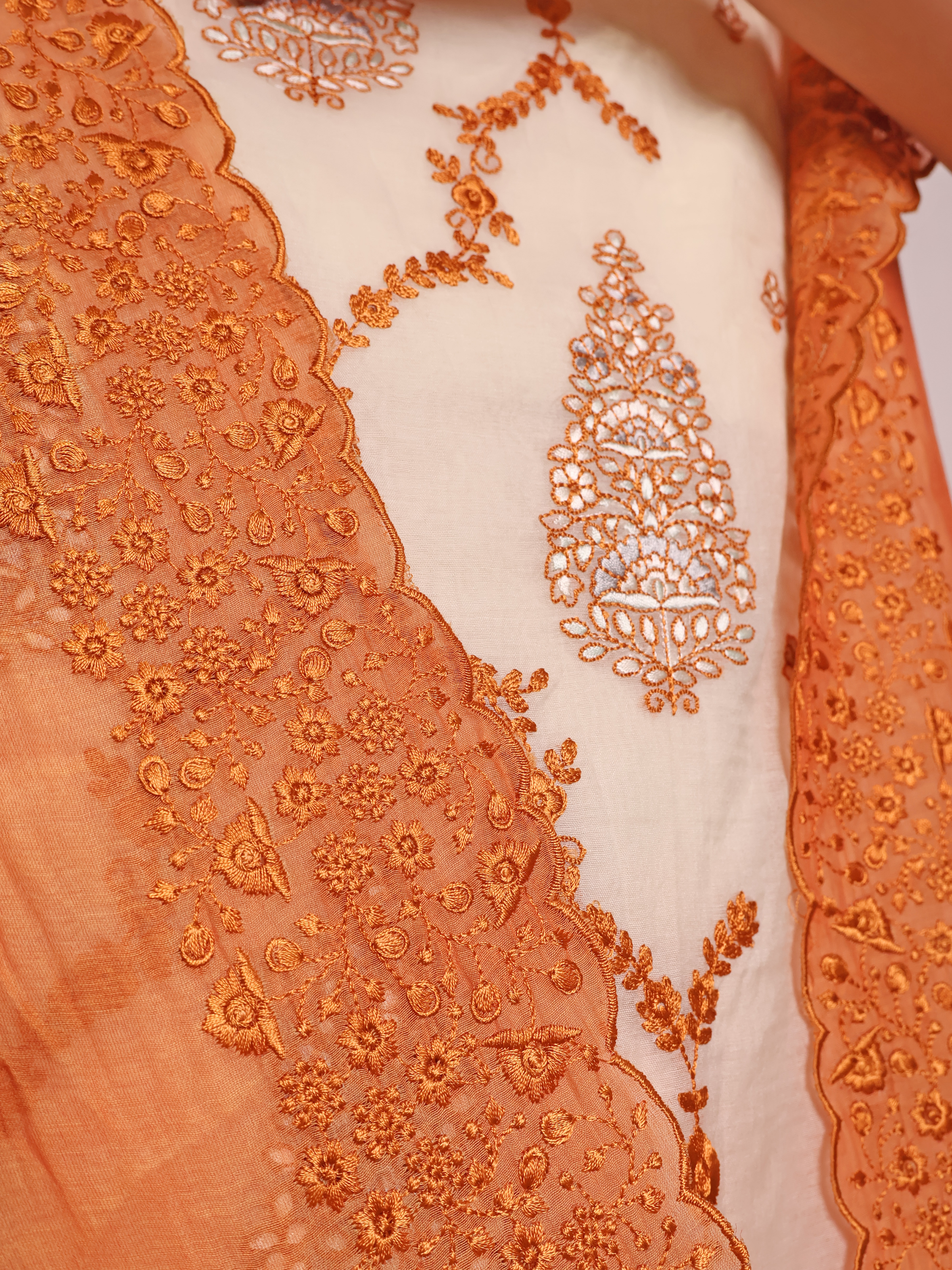 Orange Ombré Mul Chanderi Unstitched Suit with Resham & Mirror Embroidery
