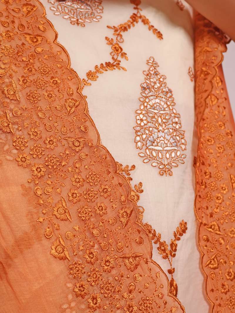 Orange Ombré Mul Chanderi Unstitched Suit with Resham & Mirror Embroidery