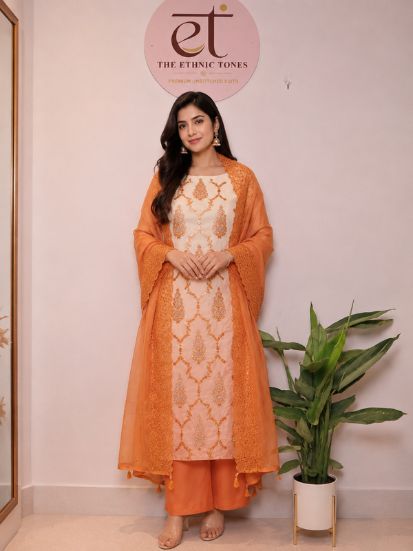 Orange Ombré Mul Chanderi Unstitched Suit with Resham & Mirror Embroidery
