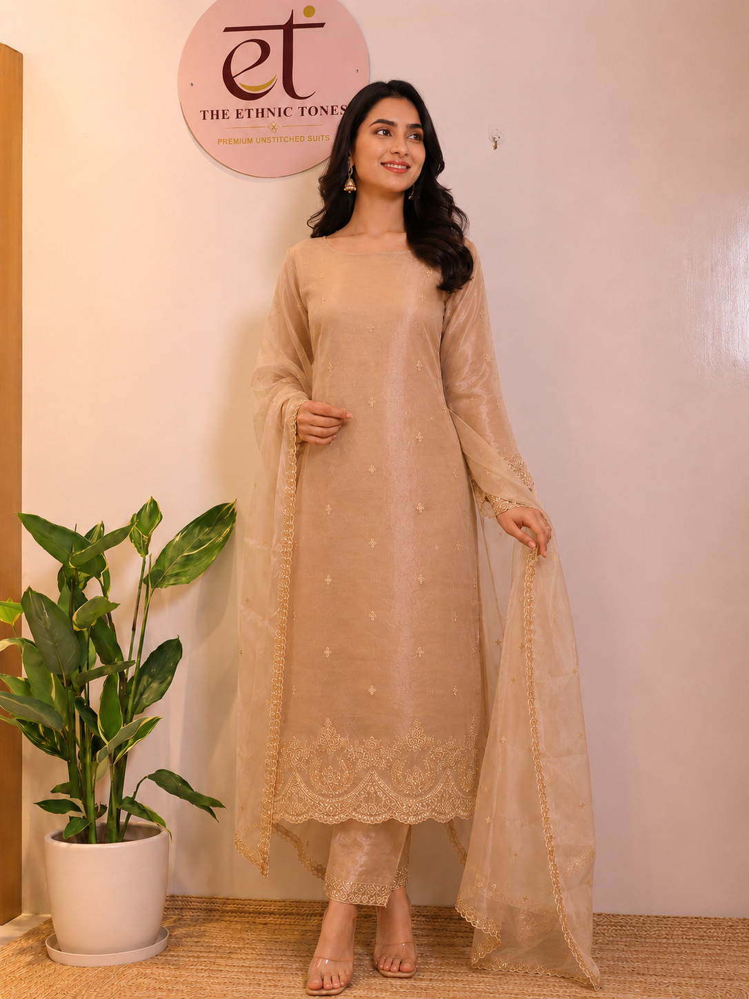 Champagne Tissue Unstitched Suit with Gold Zari Embroidery