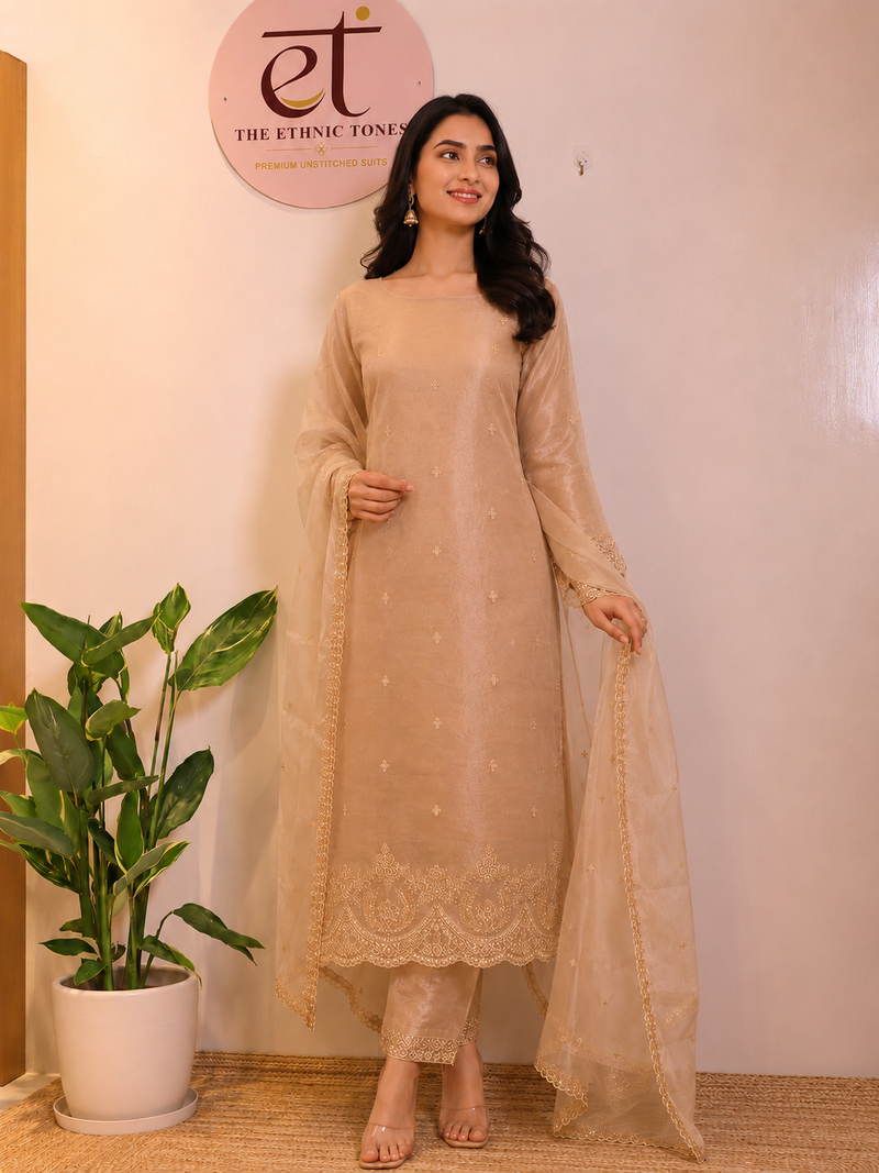 Champagne Tissue Unstitched Suit with Gold Zari Embroidery