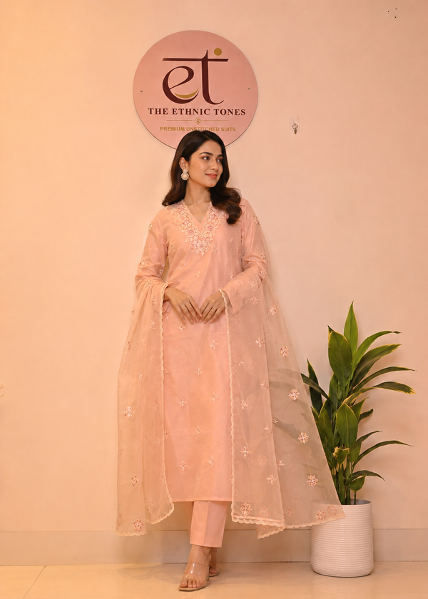 Blush Pink Organza Unstitched Suit with Parsi Floral Neckline & Tall Thread Meena Work