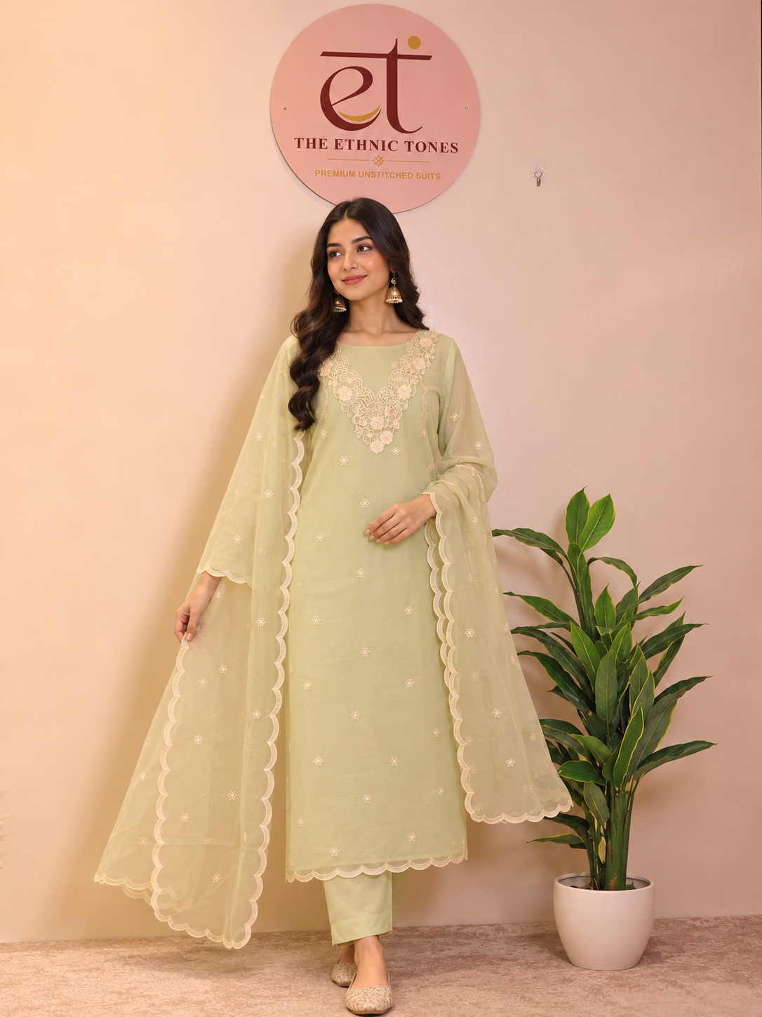 Sage Green Organza Unstitched Suit with Floral Neckline Embroidery & Buti Work